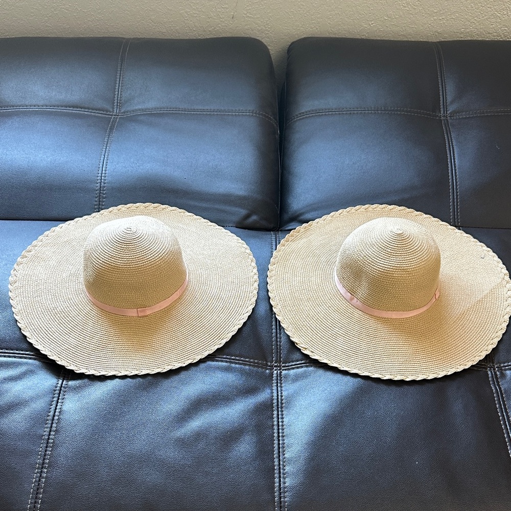 Stylish Tan Sun Hats with Pink Ribbon Twin lot
